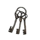A set of three dark, weathered iron skeleton keys hanging on a metal ring against a black background.