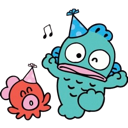 A blue monster and a small red octopus wearing party hats look excited and happy.