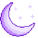 Crescent moon with three small stars in a pixel art style.