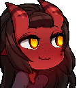 A demon girl with red skin, dark hair, and glowing yellow eyes gives a smug, mischievous smile.
