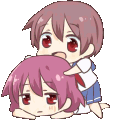 Two chibi anime girls with one character gently massaging the head of the other.