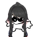 A stylized anime-style character with long black hair and heart-shaped eyes blushing with affection.