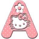 Letter A in pink with white polka dots and a flower, containing the face of a white cat character.