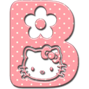 Letter B in pink with white polka dots, decorated with a black flower and a cartoon cat face.