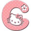 Letter C in pink with white polka dots and a small black cat face with a flower icon.