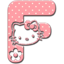 Letter F in pink with white polka dots featuring a cartoon cat face and a small black flower.