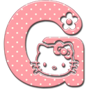 Letter G in pink with white polka dots featuring a small white cat face and a flower.