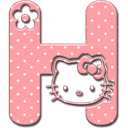A pink letter H with white polka dots and a small black flower, featuring a cartoon cat face centered on the right side.