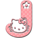 A pink letter J with white polka dots and a flower icon, featuring a Hello Kitty face in the center.