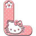 Letter L in pink with white polka dots and a white kitten character face in the center.