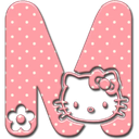 Letter M in pink with white polka dots, featuring a small black flower and a cartoon cat face.