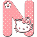 A pink letter N with white polka dots, a small black flower on the top left, and a cute cat face on the right side.