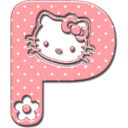 A pink letter P with white polka dots, featuring a cartoon cat face in the upper loop and a small black flower at the bottom.
