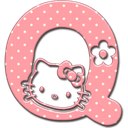 Letter Q in pink with white polka dots and a small flower, featuring a cartoon cat face inside.