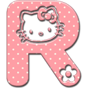 A pink letter R with white polka dots featuring a Hello Kitty face and a small flower icon.