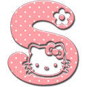 Letter S in pink with white polka dots and a small flower, featuring a cartoon cat face in the center.