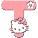 Letter T in pink with white polka dots featuring a small flower and a cute cat face.