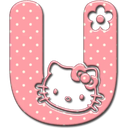 Letter U in pink with white polka dots featuring a white cat character and a small black flower.