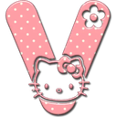 Letter V in pink with white polka dots and a cartoon cat face centered on the bottom.