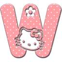 A pink letter W with white polka dots and a small flower, featuring the face of Hello Kitty in the center.