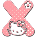 A pink letter X with white polka dots features a small black flower in the corner and a cute cat face at the bottom.