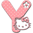 Letter Y in pink with white polka dots and a small flower, featuring a cartoon cat face on the bottom right.