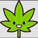 A green leaf character with a wide, happy smile and large black eyes.
