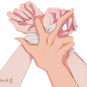 Two anime-style hands gripping each other tightly in a dramatic pose.