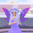Anime fairy girl with purple hair and wings wearing a flower crown.
