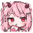 Anime girl with pink hair and small horns looking smug while sipping a strawberry drink.