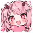 Anime girl with pink hair and horns smiling brightly while holding a pink heart.