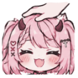 A pink-haired anime girl with horns smiling happily while a hand pats her head.