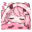 Anime girl with pink hair sleeping peacefully under a pink blanket with black bat patterns.