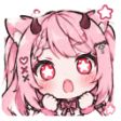 Anime girl with pink hair and horns looking surprised with glowing star-shaped pupils.