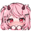 Anime girl with pink hair and devil horns blushing with a nervous expression while holding her hands to her face.