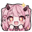 Anime girl with pink hair and small horns has star-shaped eyes and a wide, happy smile while holding her hands up in excitem…