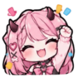 A cute anime girl with pink hair and small horns cheering with her fist raised in the air.