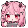An anime girl with pink hair and small horns looking focused while writing on a small tablet.