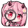 Anime girl with pink hair and horns holding a magnifying glass to her eye with a serious expression.