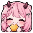 A cute anime girl with pink hair and small horns eating a snack with a happy, closed-eye expression.