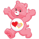 A pink cartoon bear with two hearts on its belly, waving its arms in a cheerful, loving gesture.