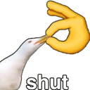 A yellow hand pinching the beak of a white bird with the word shut written below.