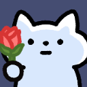 A light blue cartoon cat with a blank expression holding a red rose with green leaves.