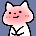 A small, white, cat-like creature with a pink-tinted face and a bashful, happy smile.