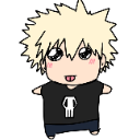 Chibi character with wild blonde hair and a black skull shirt smiling widely.