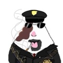 A white blob character wearing a police hat, sunglasses, and a black coat, smoking a cigarette with a serious expression.