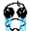 A small white blob character with large black eyes and blue tears streaming down its face.