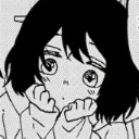 Anime girl with short hair resting her chin on her hands with a curious expression.