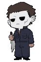 Michael Myers in a chibi pixel art style holding a knife with a bored and then an annoyed expression.