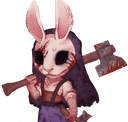 A cute chibi rabbit wearing a mask and holding a blood-stained axe over its shoulder.